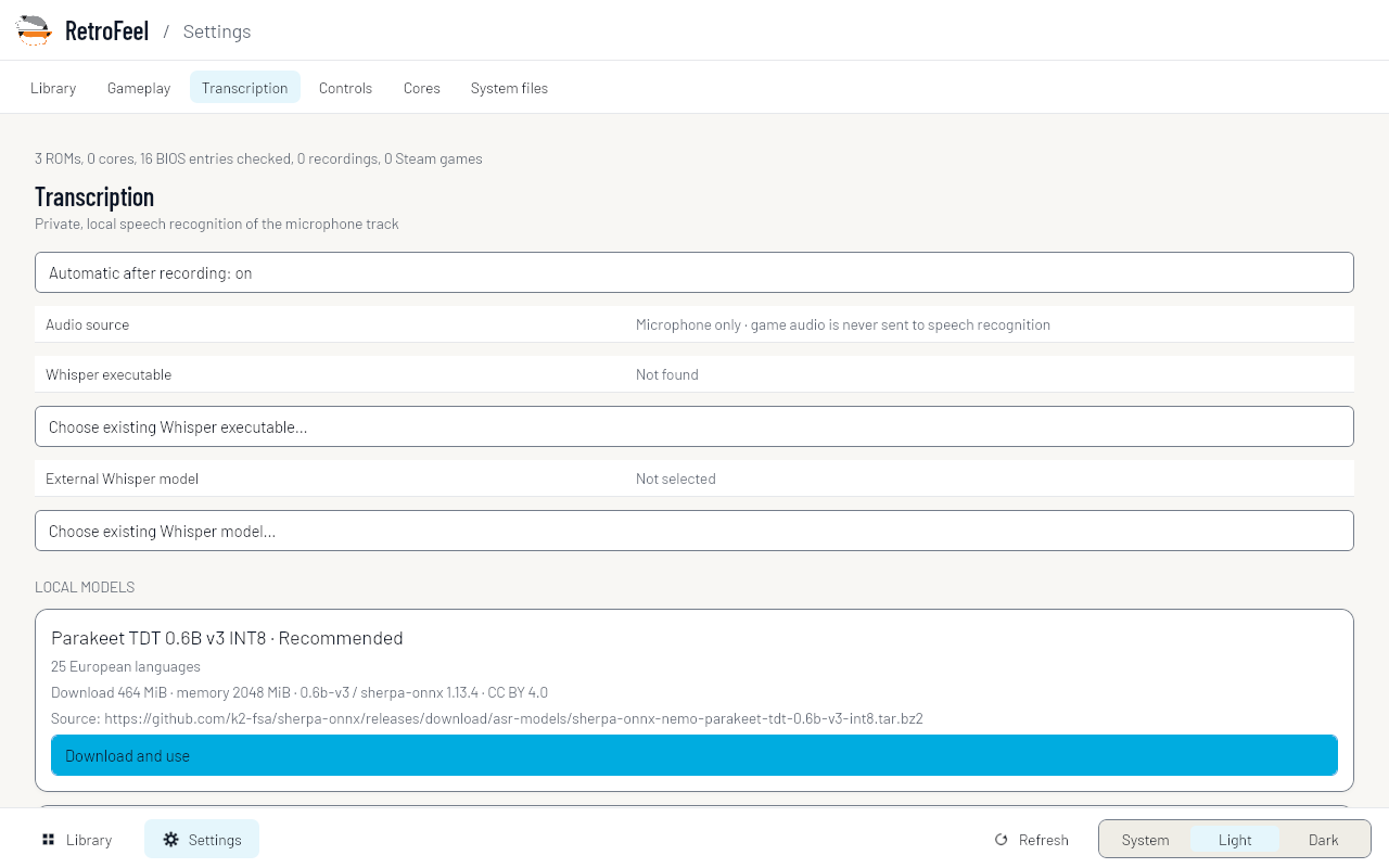 RetroFeel’s light-theme transcription settings showing microphone-only audio, an external Whisper model picker, and a local speech model download option.
